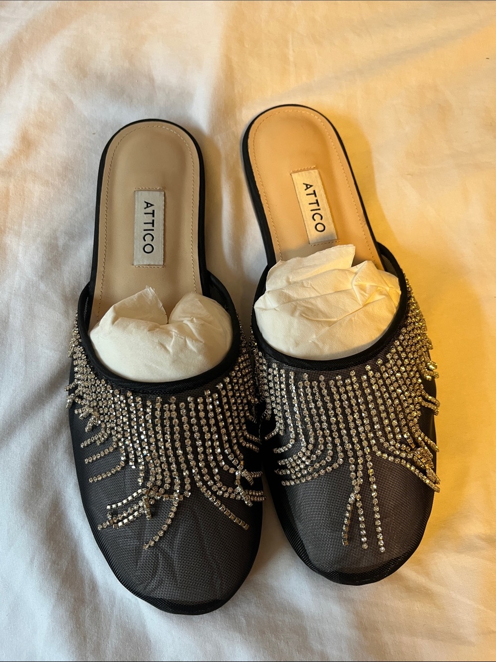 The Attico Black Crystal-Embellished Mesh Mules